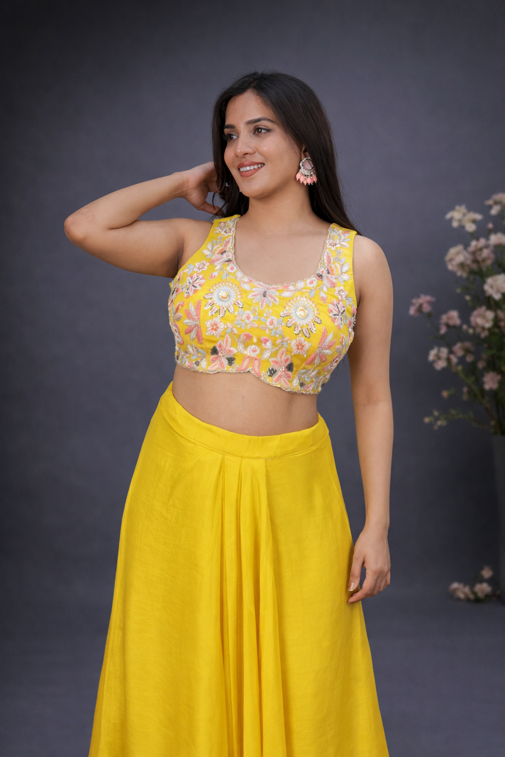 Mustard Floral Indo-Western Co-ord Set with Embroidered Blause