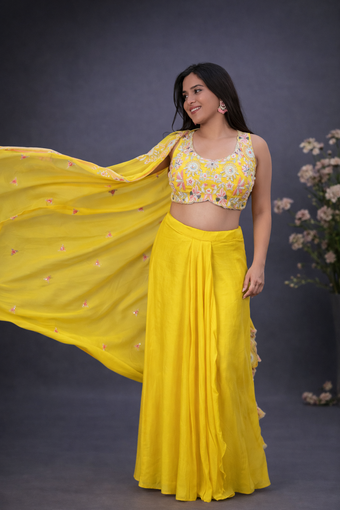 Mustard Floral Indo-Western Co-ord Set with Embroidered Blause