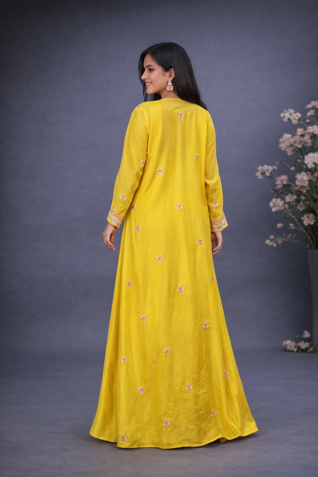 Mustard Floral Indo-Western Co-ord Set with Embroidered Blause