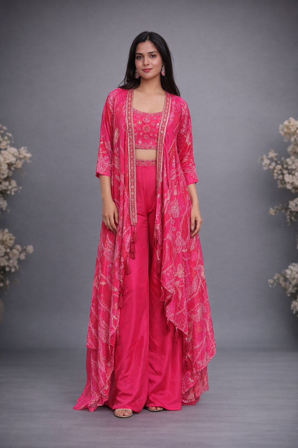 Pink Embroidery Crop Top Palazzo Shrug Set