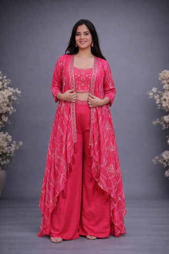 Pink Embroidery Crop Top Palazzo Shrug Set