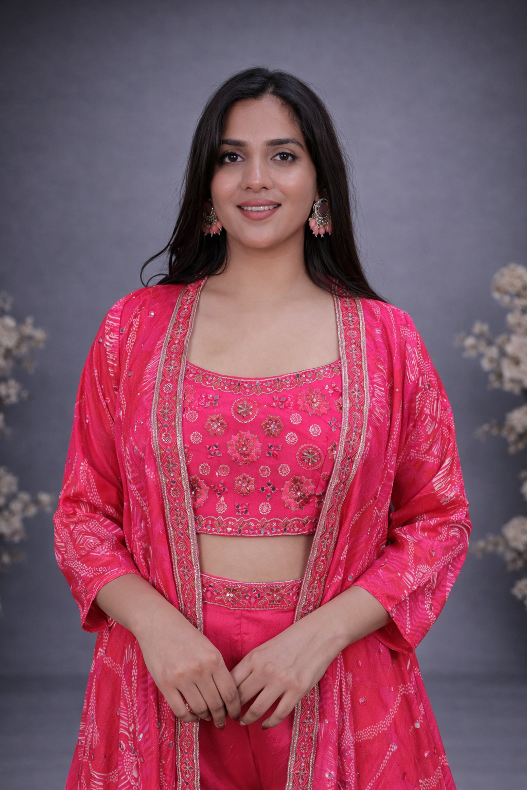 Pink Embroidery Crop Top Palazzo Shrug Set