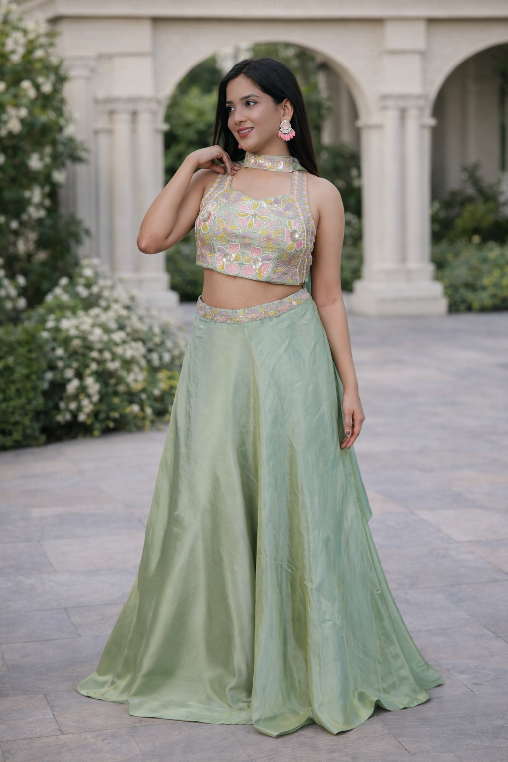 Pastel Green Embroidered Crop Top Lehenga Set with Choker Neck