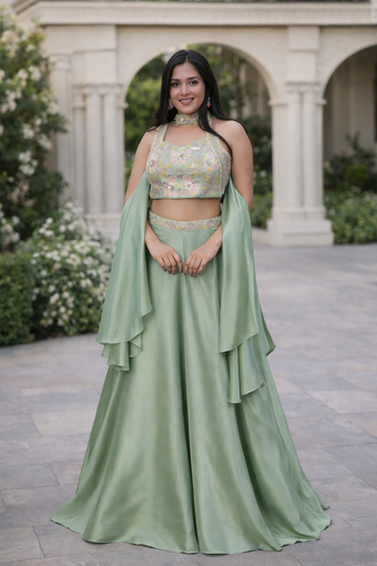 Pastel Green Embroidered Crop Top Lehenga Set with Choker Neck