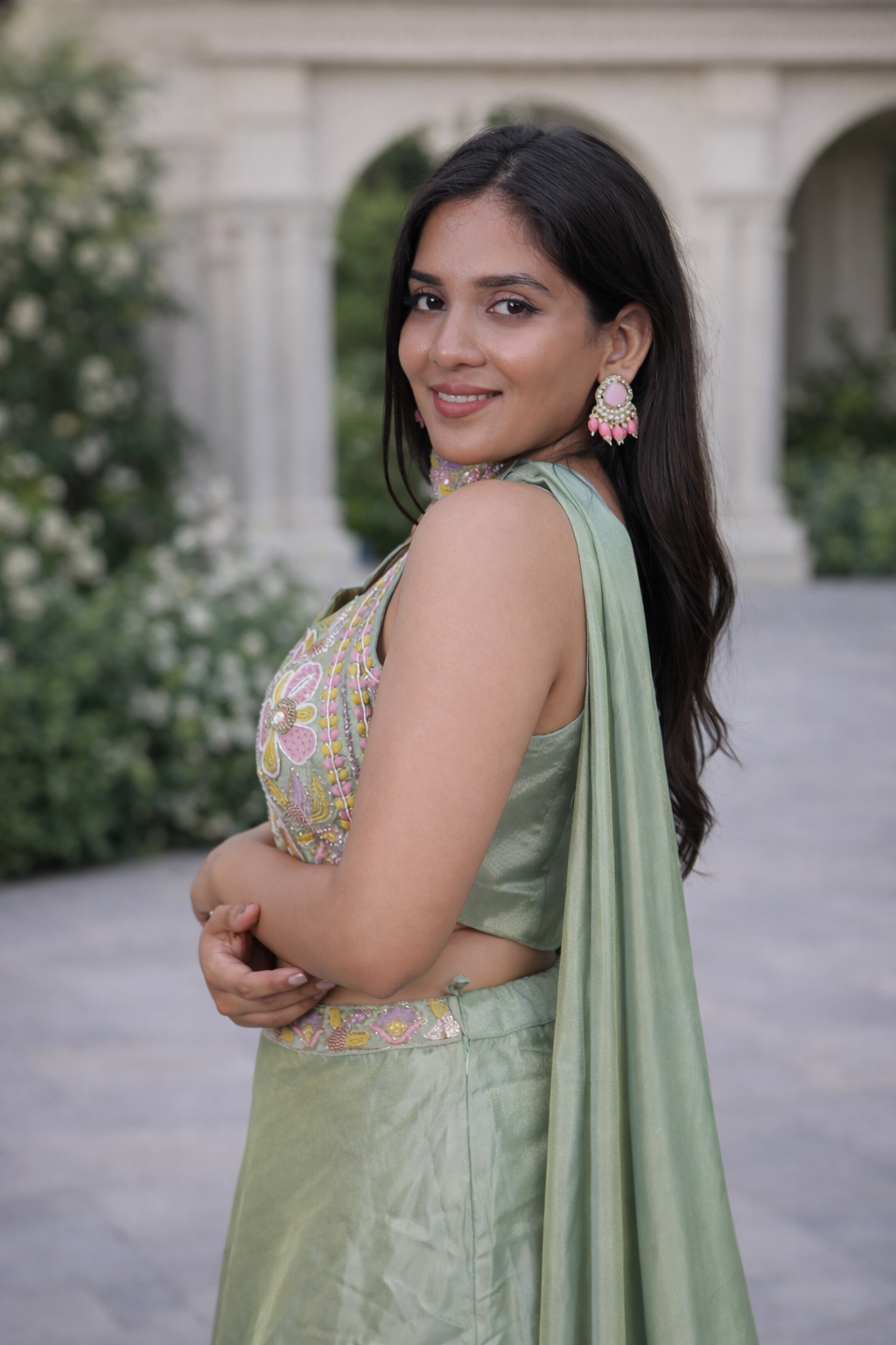 Pastel Green Embroidered Crop Top Lehenga Set with Choker Neck