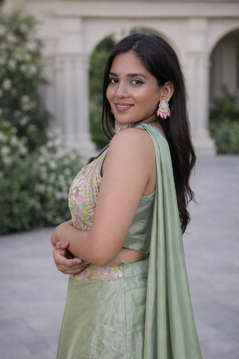 Pastel Green Embroidered Crop Top Lehenga Set with Choker Neck