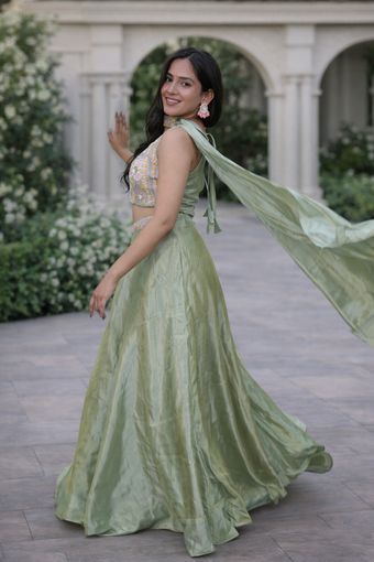 Pastel Green Embroidered Crop Top Lehenga Set with Choker Neck