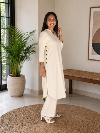 Linen Cotton A-Line Kurta with Side Button Detailing