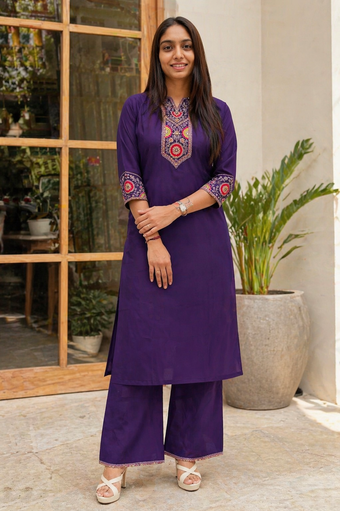 Roman Silk Embroidered Kurti Palazzo Set