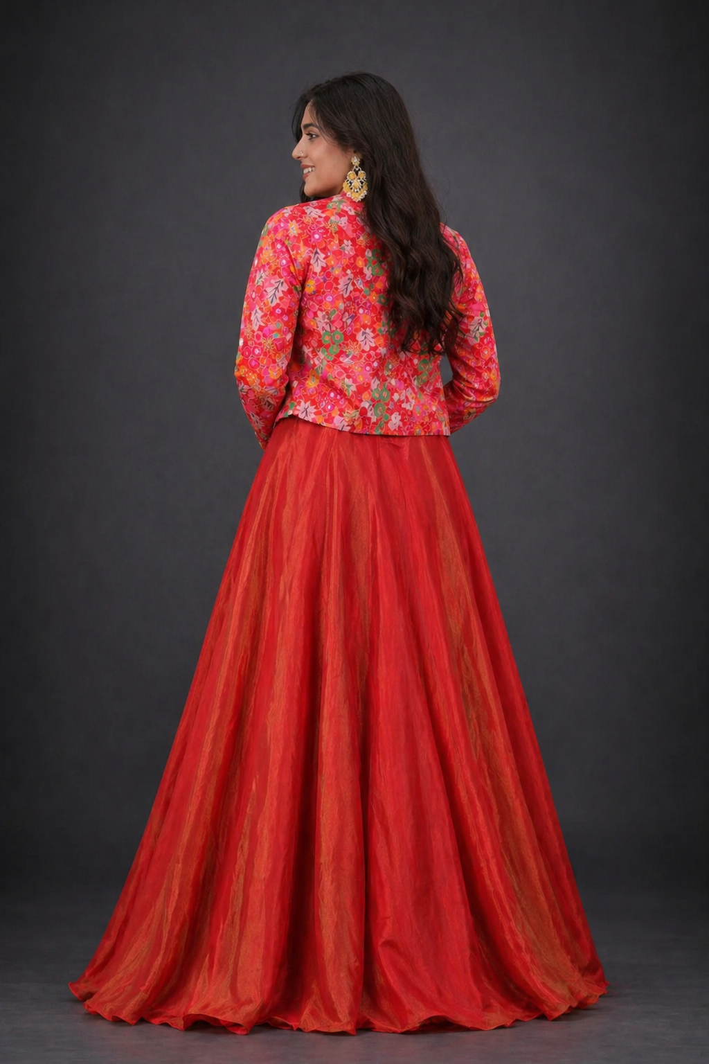 Embroidered Gown with Floral Printed Jacket