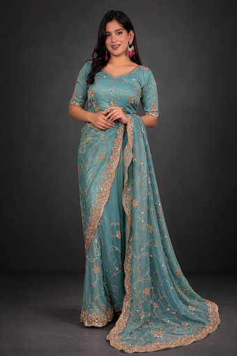 salsa silk saree with embroidery beads and sequence work