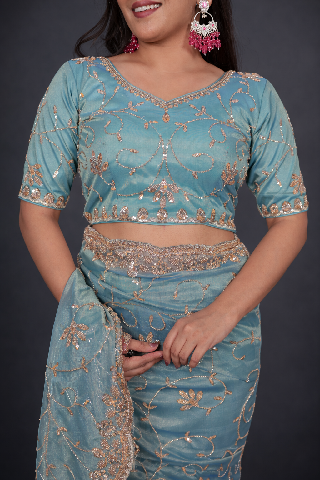 salsa silk saree with embroidery beads and sequence work