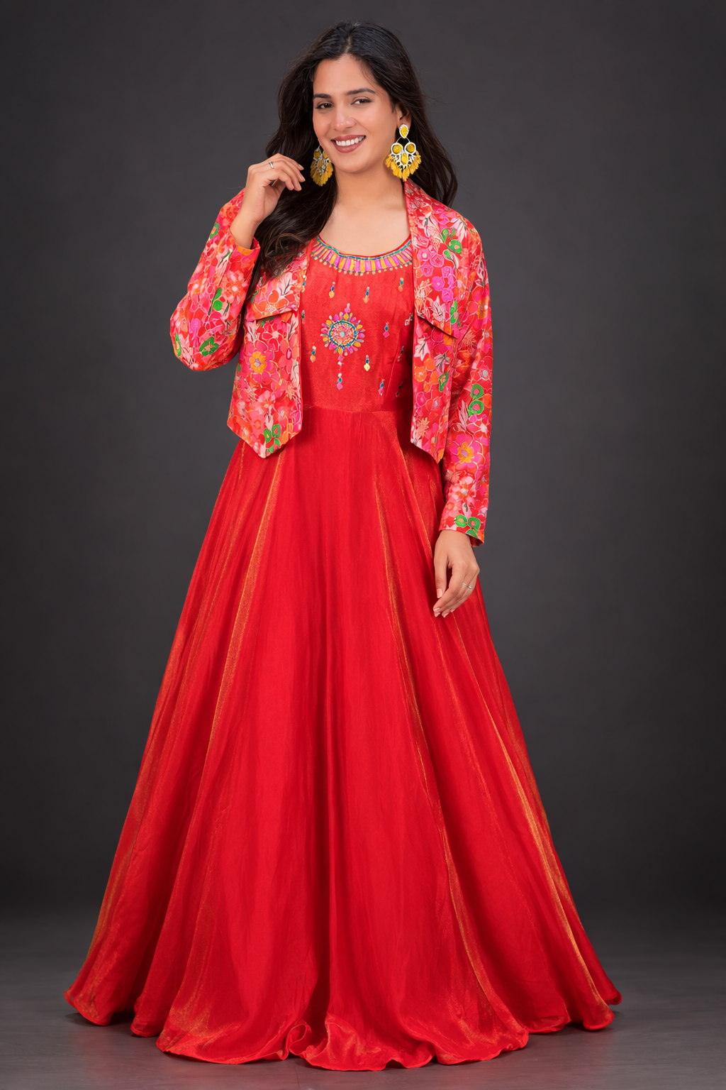 Embroidered Gown with Floral Printed Jacket