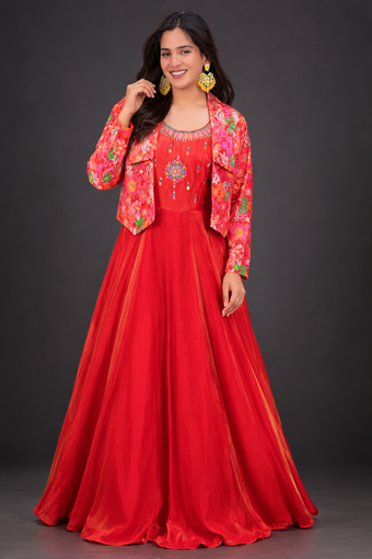 Embroidered Gown with Floral Printed Jacket