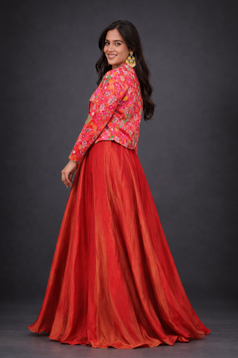 Embroidered Gown with Floral Printed Jacket