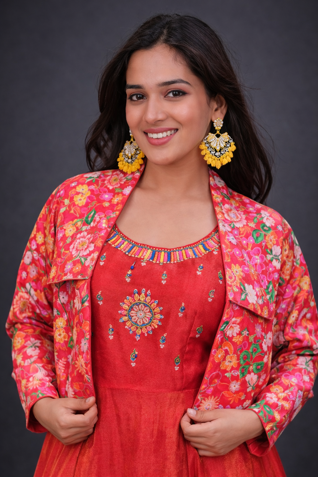 Embroidered Gown with Floral Printed Jacket