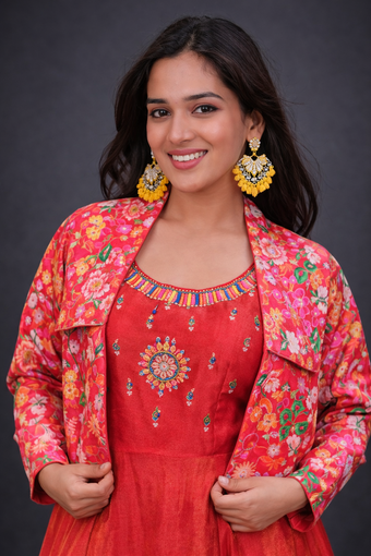 Embroidered Gown with Floral Printed Jacket
