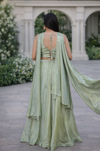 Pastel Green Embroidered Crop Top Lehenga Set with Choker Neck
