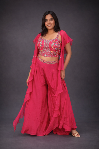Exclusive Rani Silk Crop Top Palazzo Set With Neck Dupatta