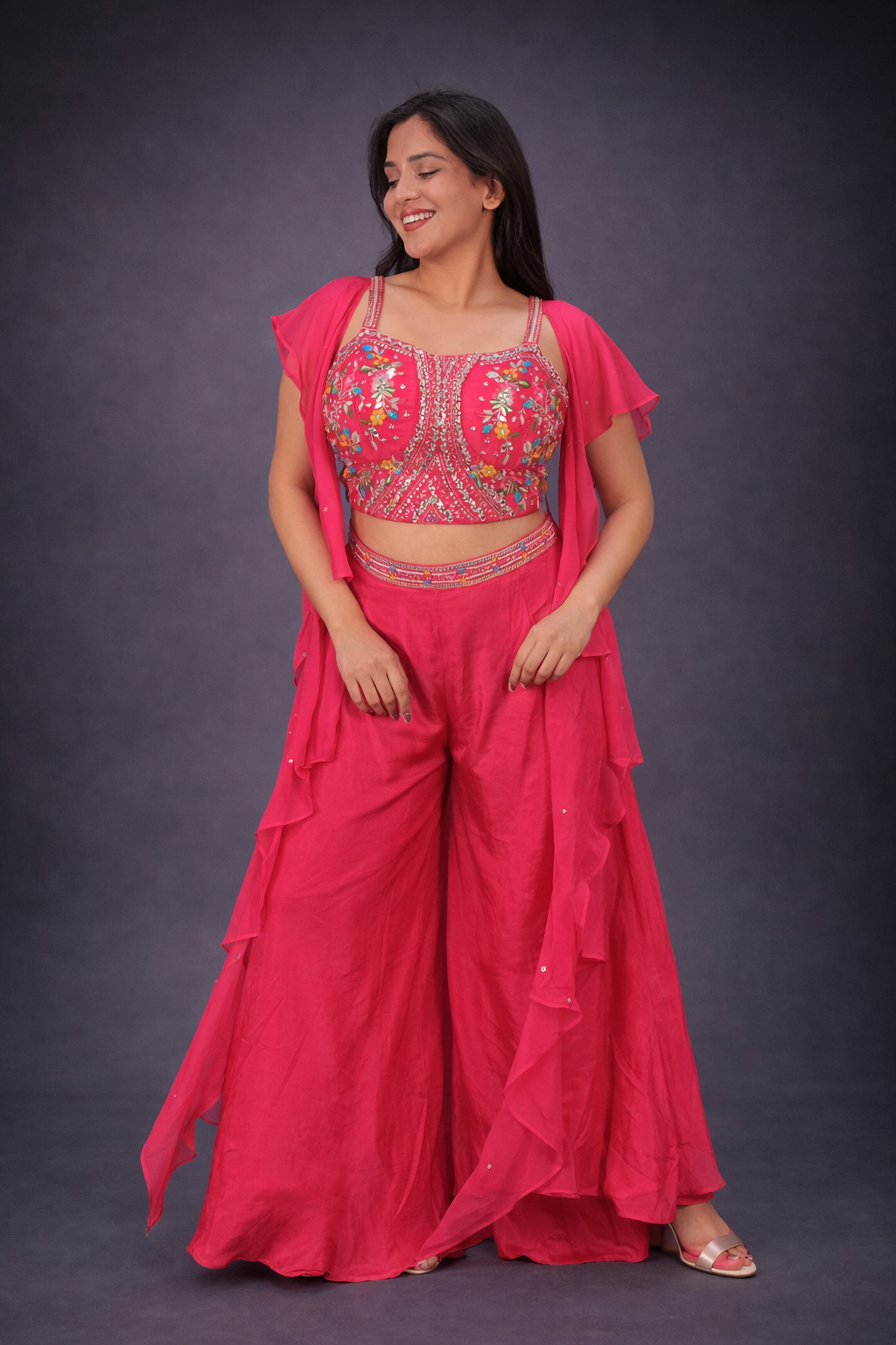 Exclusive Rani Silk Crop Top Palazzo Set With Neck Dupatta