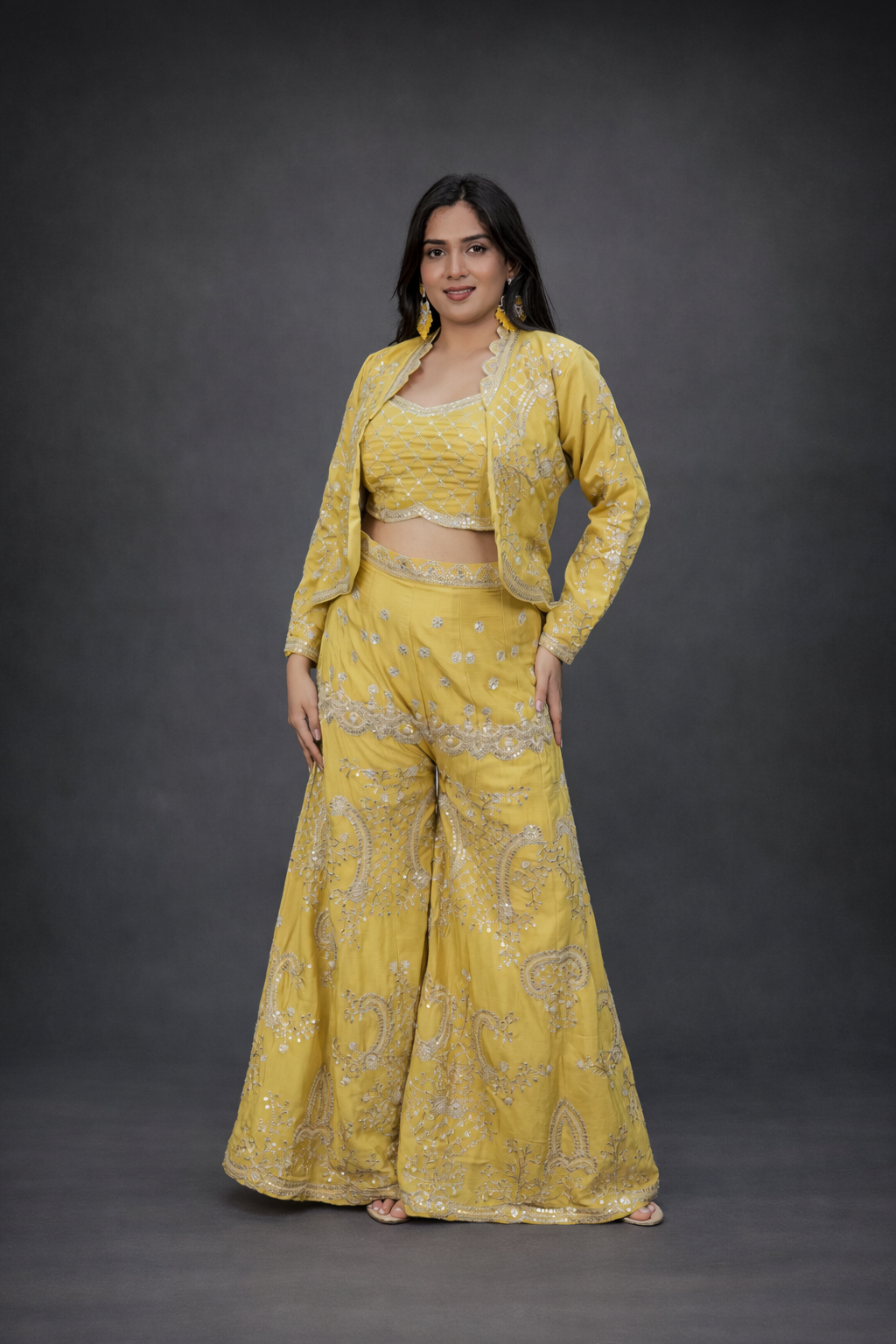 Mustard yellow silk jacket style palazzo suit