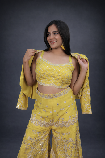 Mustard yellow silk jacket style palazzo suit