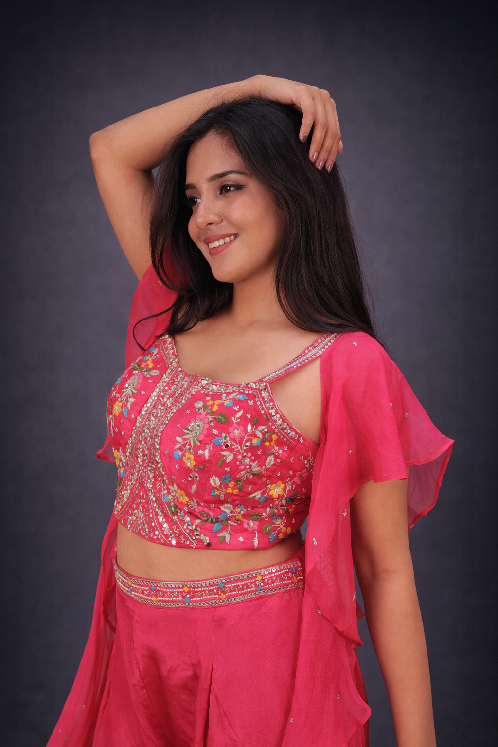 Exclusive Rani Silk Crop Top Palazzo Set With Neck Dupatta