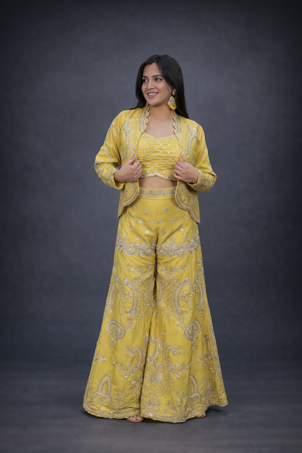 Mustard yellow silk jacket style palazzo suit