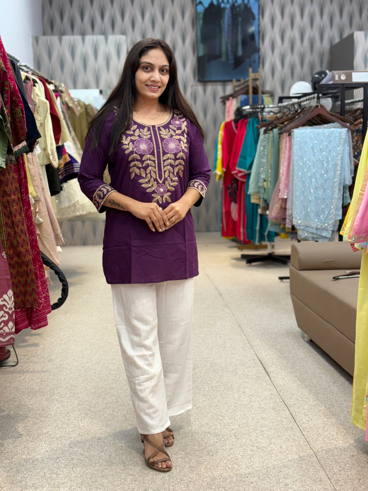 Wine Purple Floral Embroidered Tunic