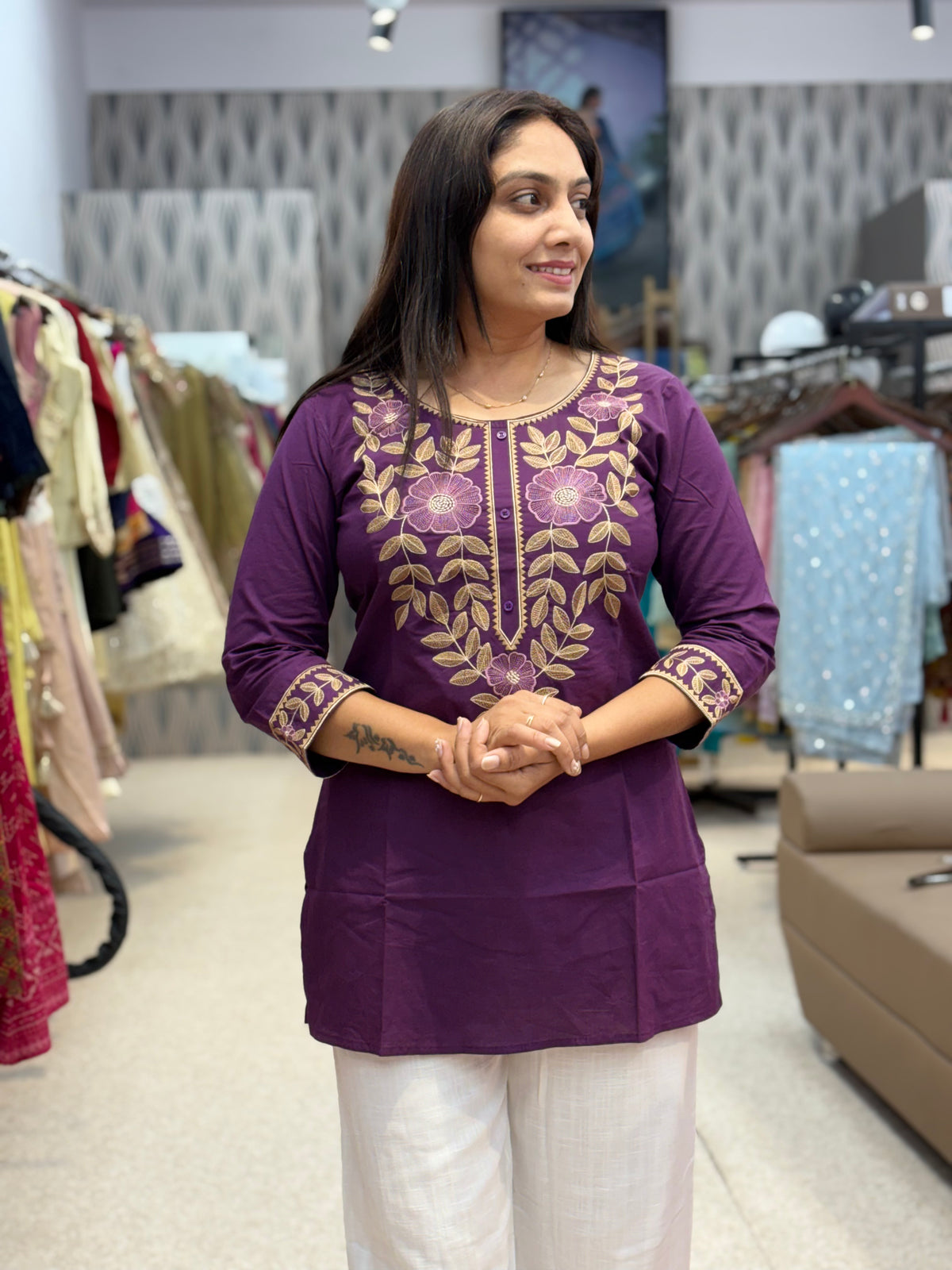 Wine Purple Floral Embroidered Tunic