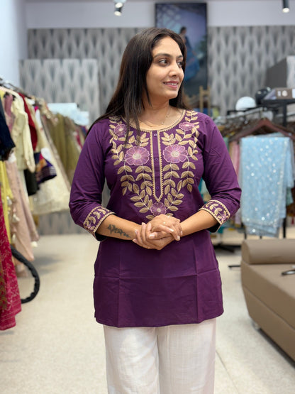 Wine Purple Floral Embroidered Tunic