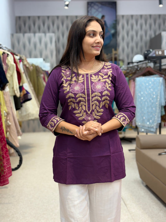 Wine Purple Floral Embroidered Tunic