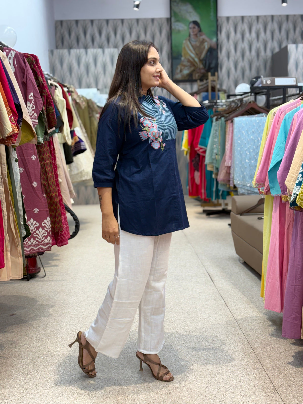Navy Blue Floral Embroidered Tunic