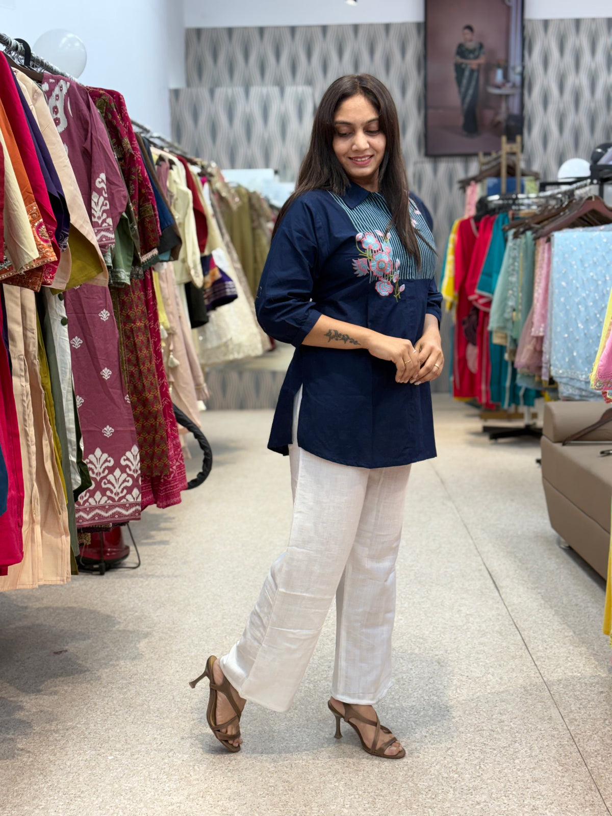 Navy Blue Floral Embroidered Tunic