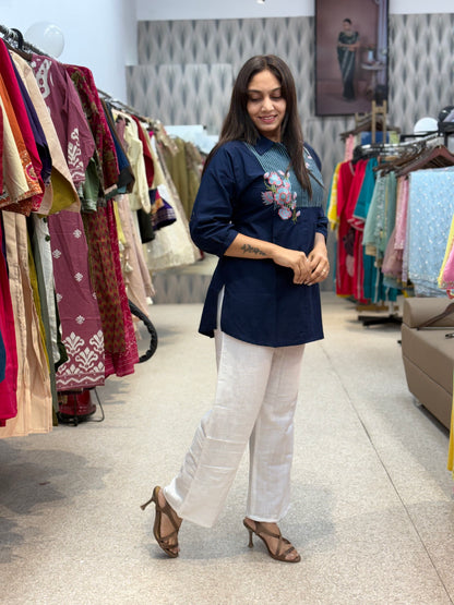 Navy Blue Floral Embroidered Tunic