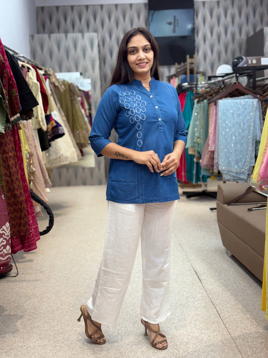 Royal Blue Embroidered Tunic with White Straight Pants