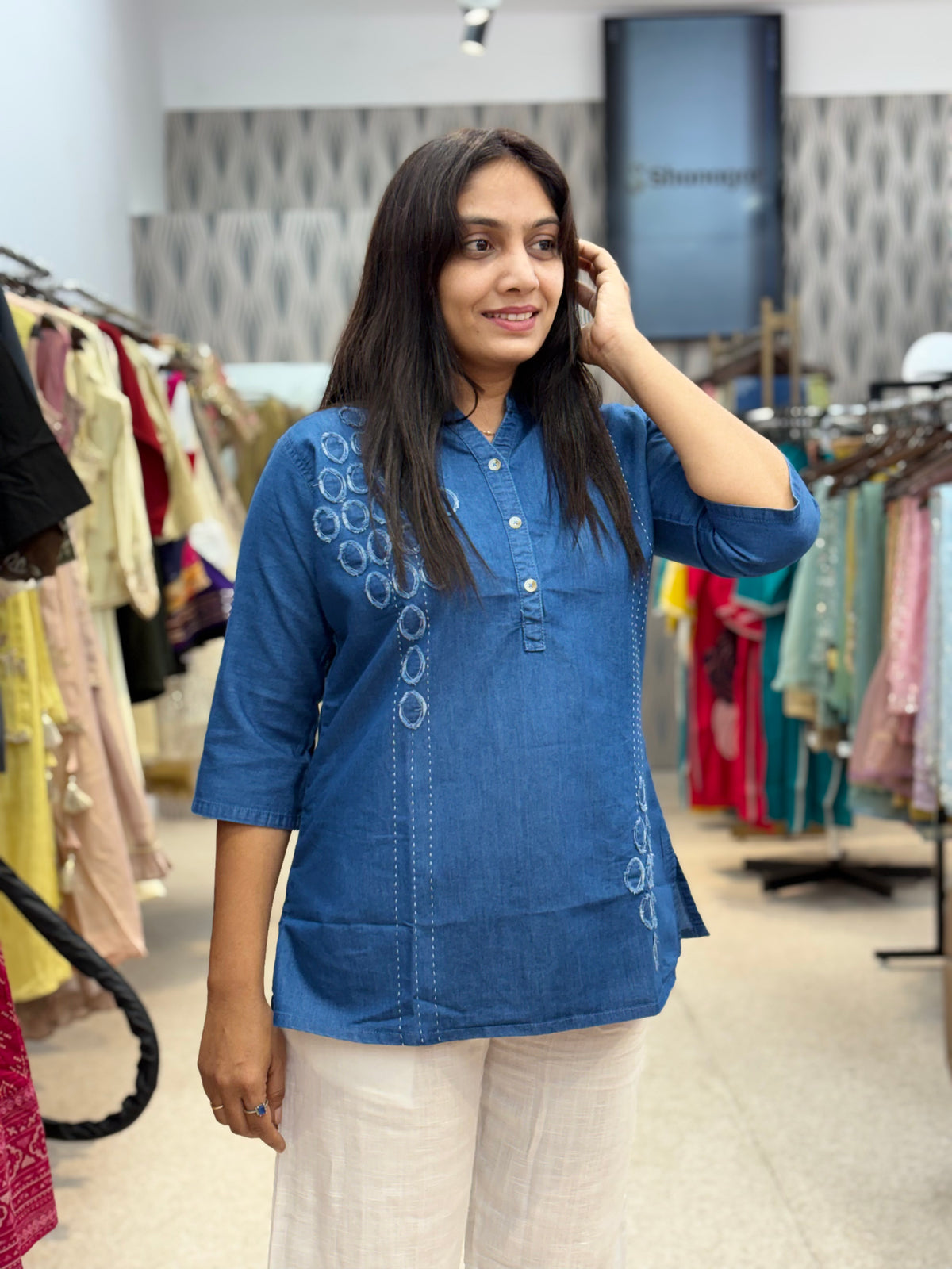 Royal Blue Embroidered Tunic with White Straight Pants