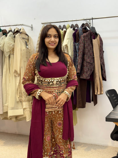 Maroon Embroidered with position print Palazzo Set with Dupatta