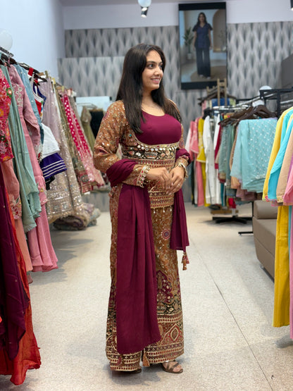Maroon Embroidered with position print Palazzo Set with Dupatta