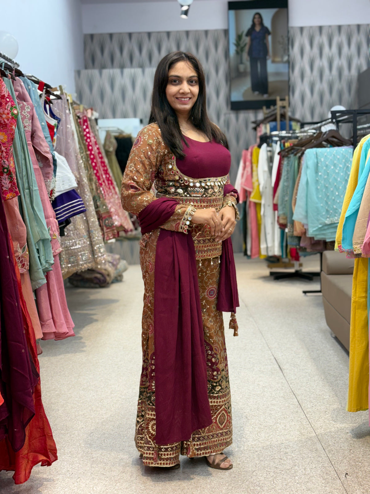 Maroon Embroidered with position print Palazzo Set with Dupatta