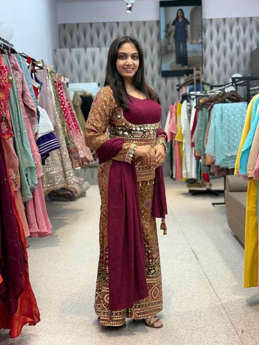 Maroon Embroidered with position print Palazzo Set with Dupatta