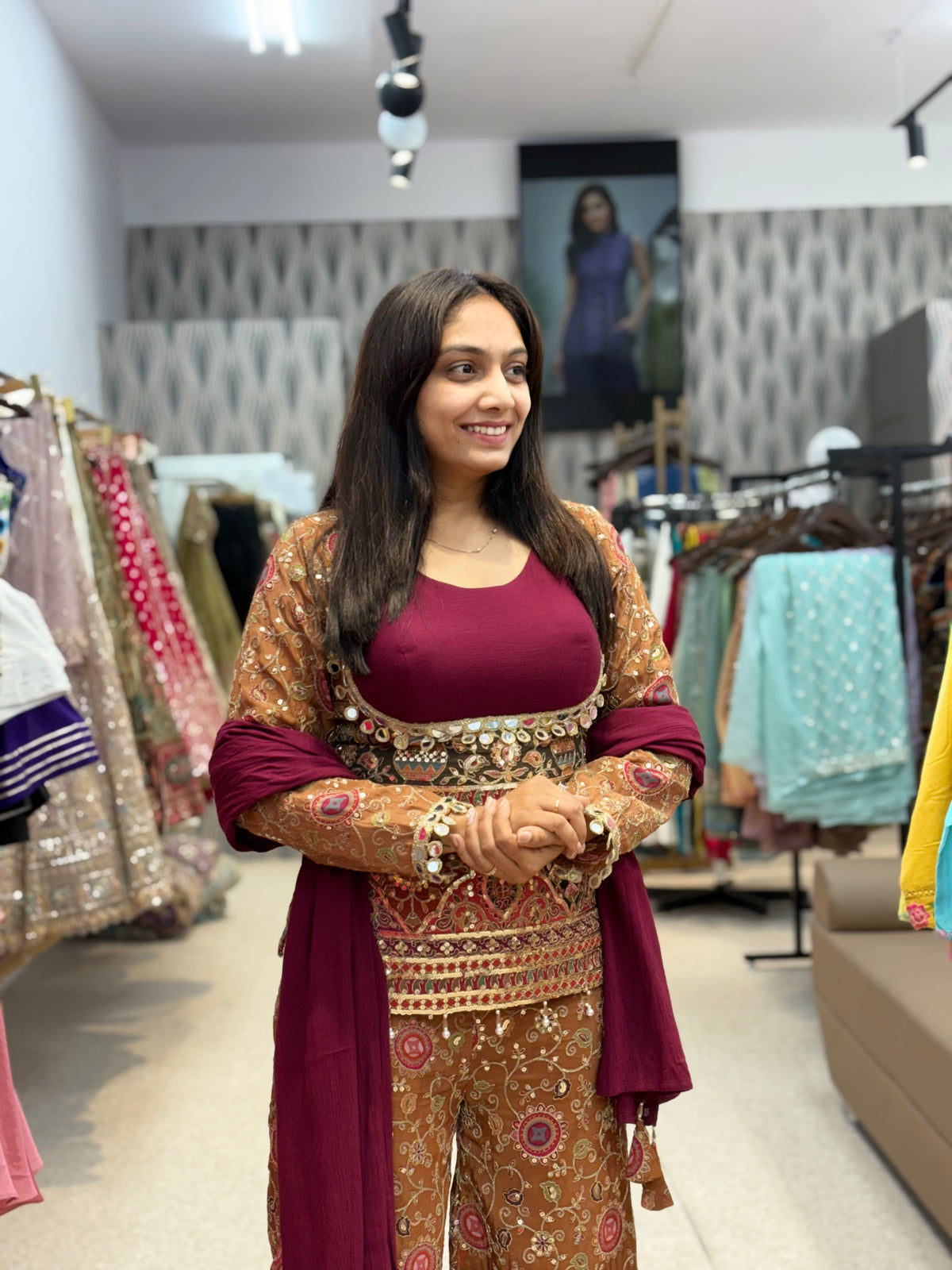 Maroon Embroidered with position print Palazzo Set with Dupatta