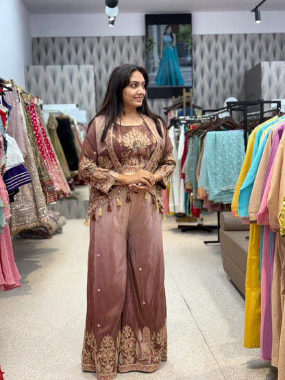 Brown Embroidered Palazzo Suit with Shrug