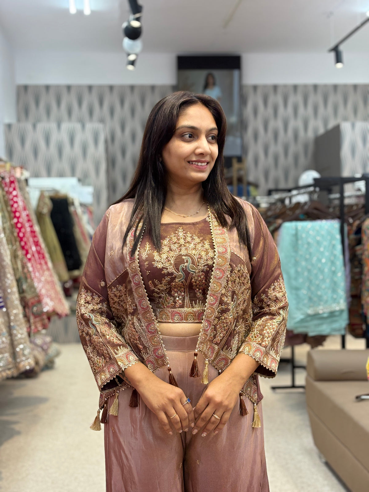 Brown Embroidered Palazzo Suit with Shrug