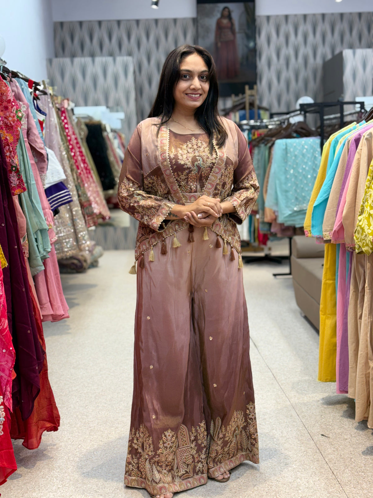 Brown Embroidered Palazzo Suit with Shrug