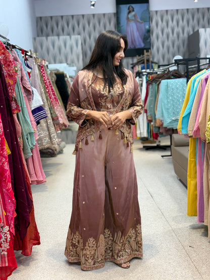 Brown Embroidered Palazzo Suit with Shrug