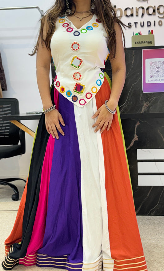 Ivory Designer Blouse with Multicolor Flared Ghaghra