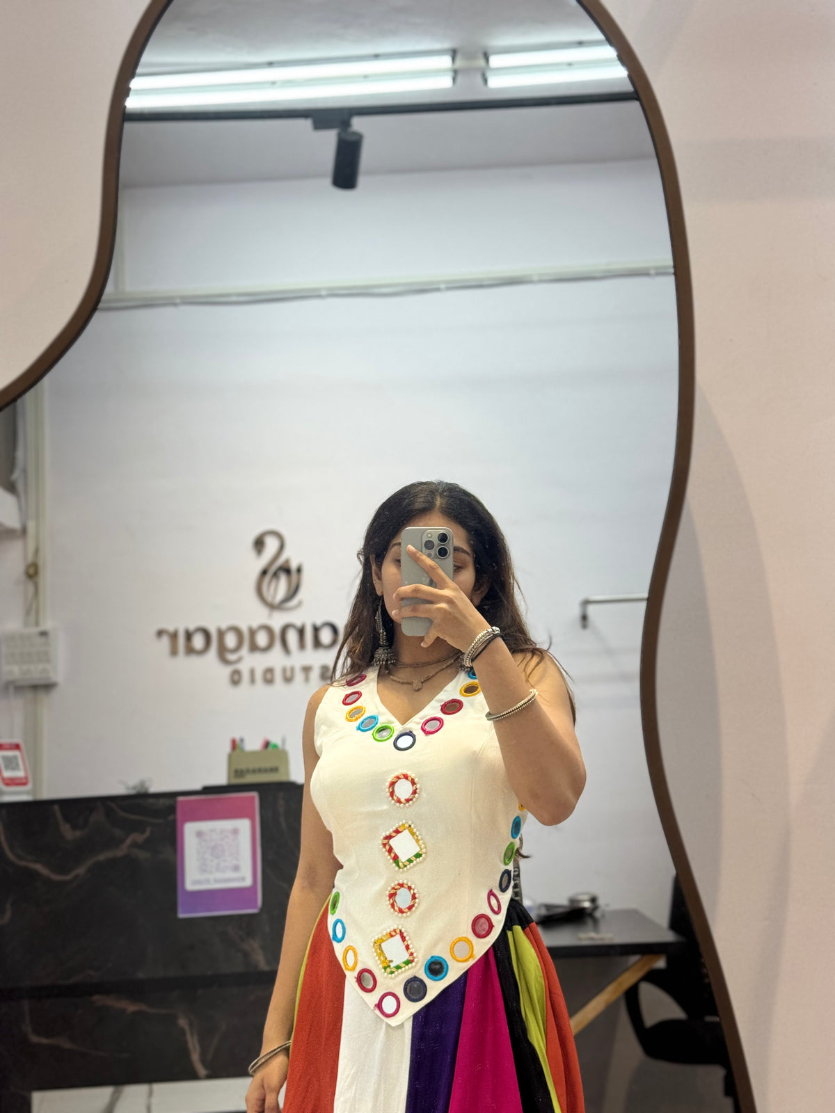 Ivory Designer Blouse with Multicolor Flared Ghaghra