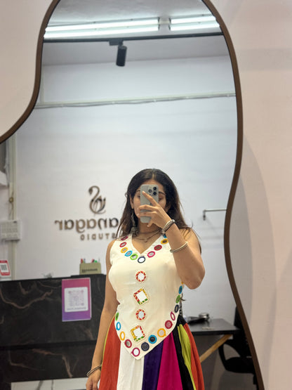 Ivory Designer Blouse with Multicolor Flared Ghaghra