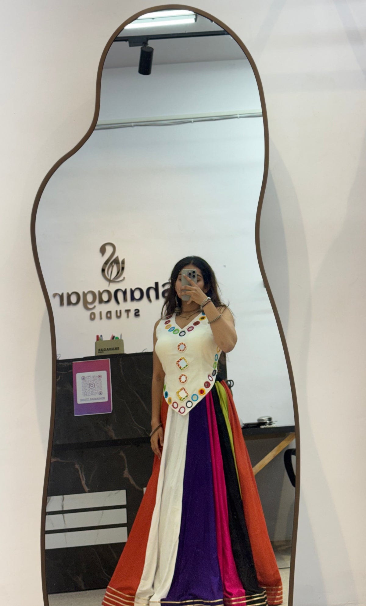Ivory Designer Blouse with Multicolor Flared Ghaghra